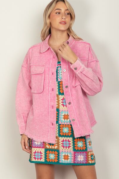 Explore More Collection - VERY J Full Size Button Up Raw Hem Long Sleeve Jacket