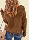 Explore More Collection - Fringe V-Neck Dropped Shoulder Sweater