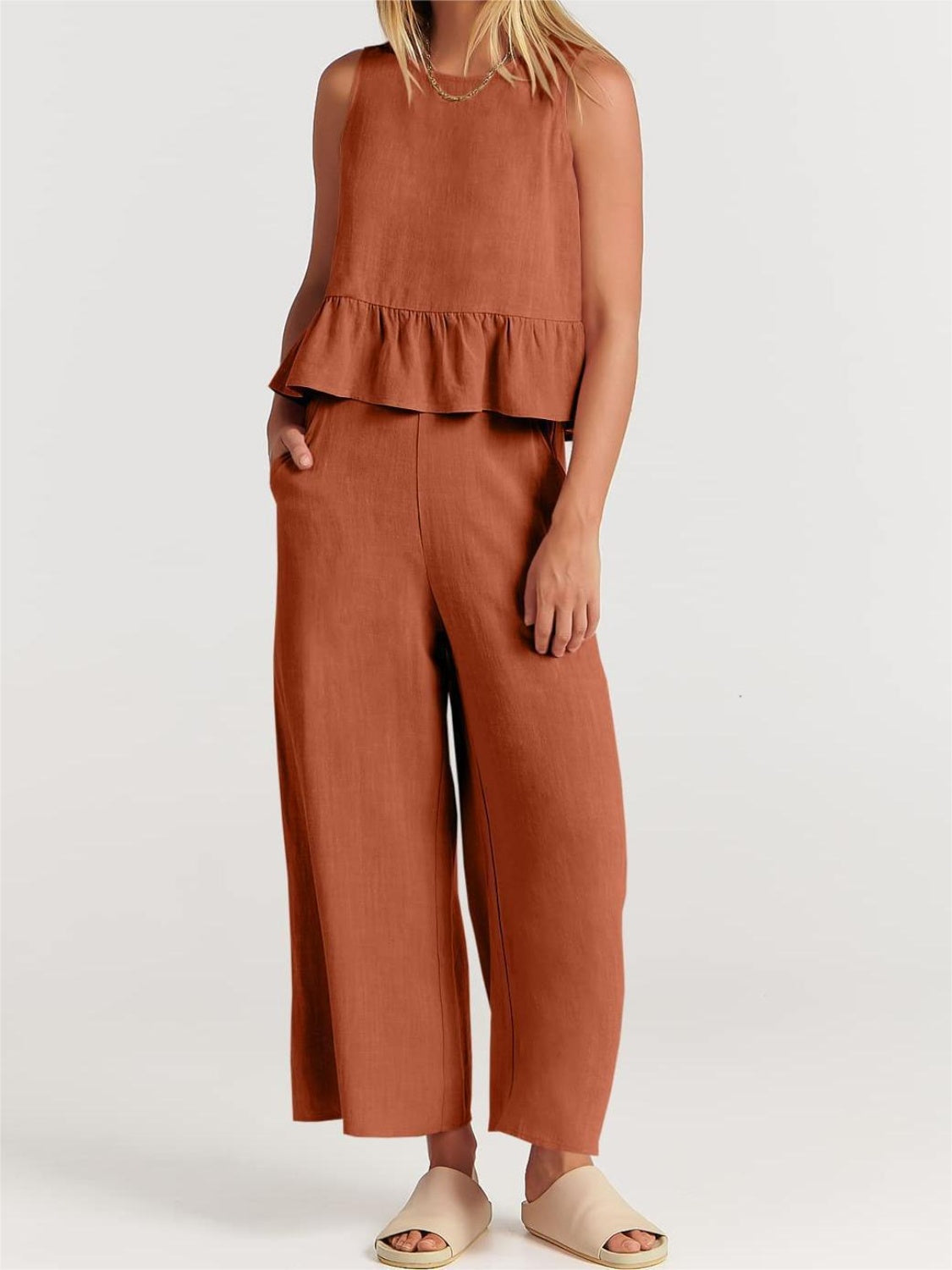 Explore More Collection - Full Size Round Neck Top and Wide Leg Pants Set