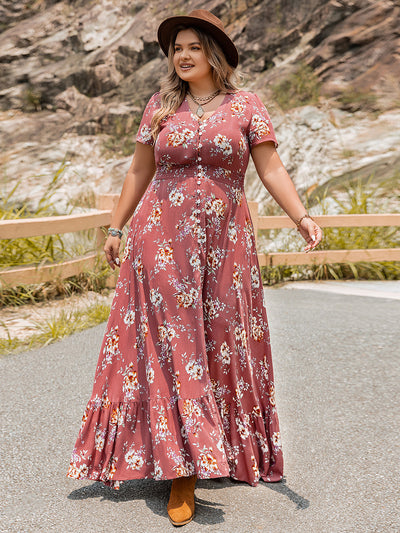 Explore More Collection - Plus Size Floral Slit Ruffle Hem Dress