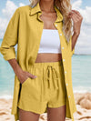 Explore More Collection - Pocketed Button Up Shirt and Drawstring Shorts Set