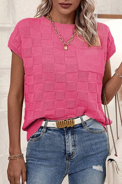 Explore More Collection - Pocketed Checkered Round Neck Knit Top