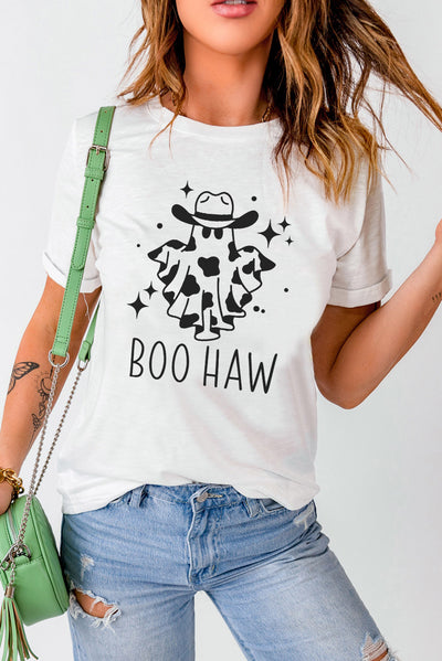 Explore More Collection - V-Neck Short Sleeve BOO HAW Ghost Graphic T-Shirt