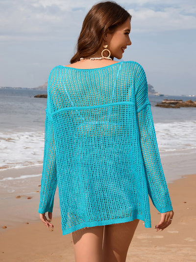 Explore More Collection - Openwork Slit Boat Neck Long Sleeve Cover-Up