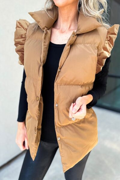 Explore More Collection - Ruffled Snap Down Mock Neck Vest Coat