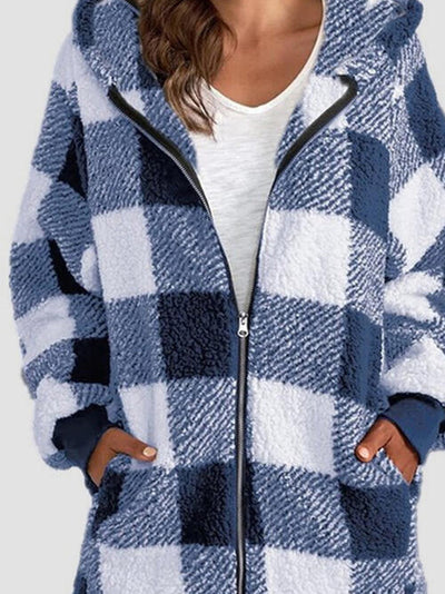 Explore More Collection - Plaid Zip Up Hooded Jacket with Pockets