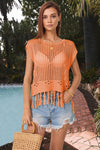 Explore More Collection - Openwork Cap Sleeve Knit Cover Up with Tassel