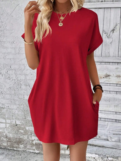 Explore More Collection - Pocketed Round Neck Short Sleeve Dress