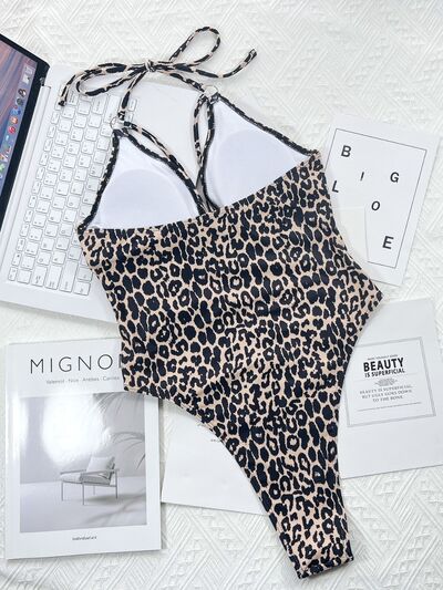 Explore More Collection - Leopard Cutout Halter Neck One-Piece Swimwear