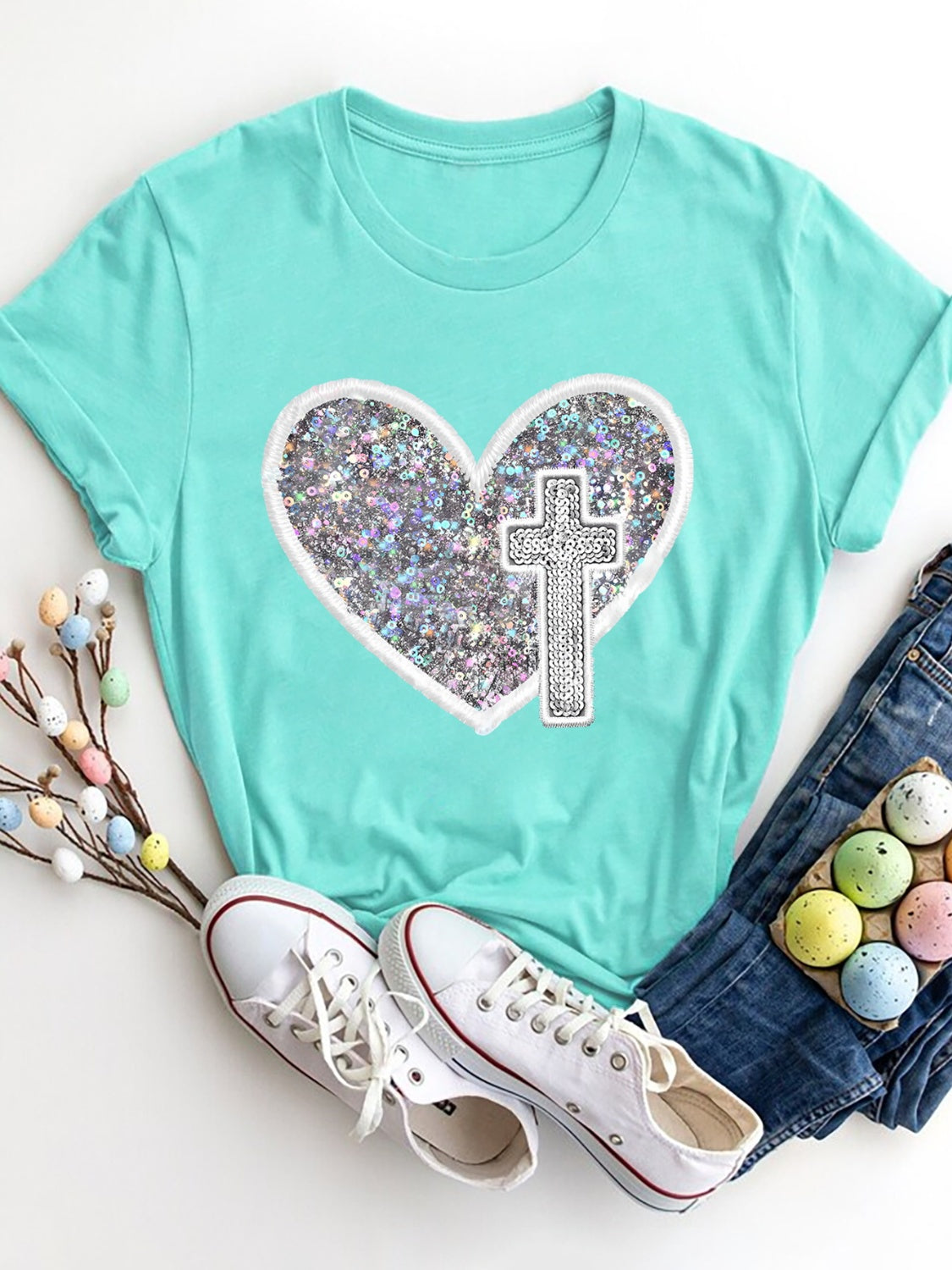 Explore More Collection - Sequin Heart Round Neck Short Sleeve T-Shirt