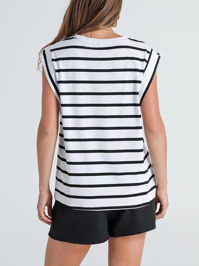 Explore More Collection - Striped Round Neck Cap Sleeve T-Shirt