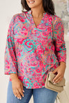 Explore More Collection - Plus Size Printed Notched Long Sleeve Blouse