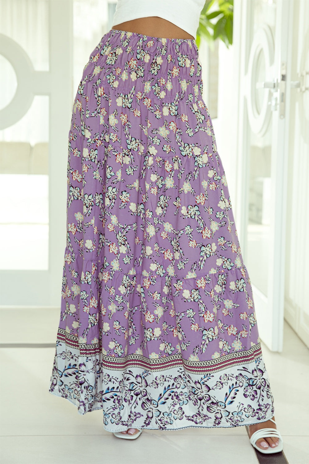 Explore More Collection - Tiered Printed Elastic Waist Skirt
