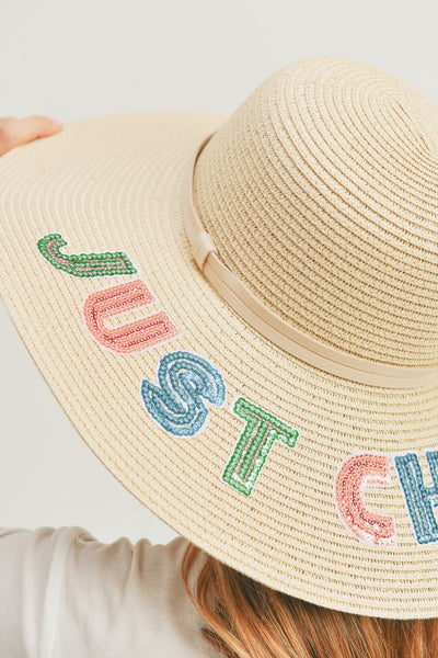 Explore More Collection - Fame Sequin Letter Graphic Wide Brim Straw Hat