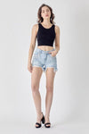 Explore More Collection - RISEN Frayed Hem Denim Shorts with Fringe Detail Pockets
