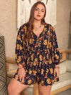 Explore More Collection - Plus Size Floral Tie Neck Balloon Sleeve Romper