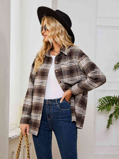Explore More Collection - Plaid Collared Shirt Jacket