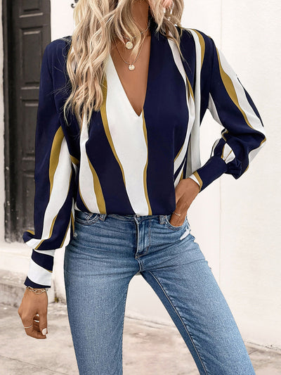 Explore More Collection - Printed V-Neck Long Sleeve Blouse