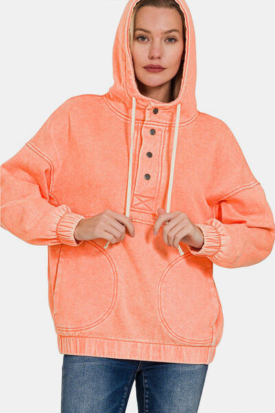 Explore More Collection - Zenana Drawstring Half Snap Dropped Shoulder Hoodie