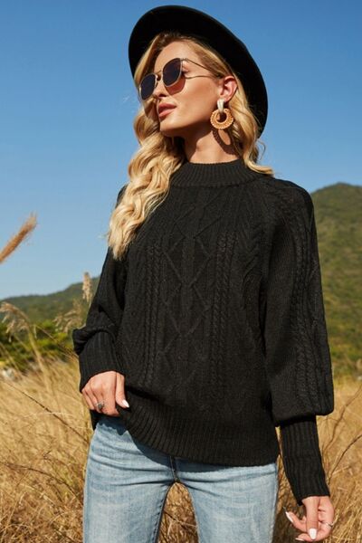 Explore More Collection - Ribbed Mock Neck Lantern Sleeve Sweater