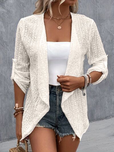 Explore More Collection - Eyelet Roll-Tab Sleeve Cardigan