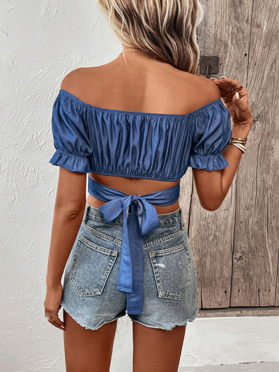 Explore More Collection - Ruched Off-Shoulder Cropped Blouse