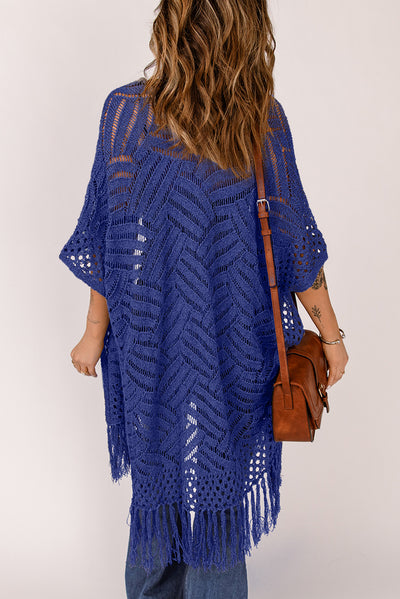 Explore More Collection - Openwork Open Front Cardigan with Fringes