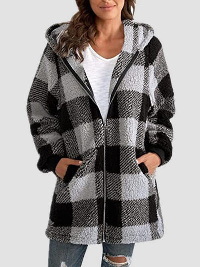 Explore More Collection - Plaid Zip Up Hooded Jacket with Pockets