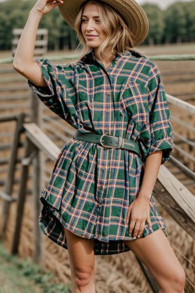 Explore More Collection - Plaid Button Up Collared Neck Shirt Dress