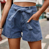 Explore More Collection - Tie Belt Denim Shorts with Pockets