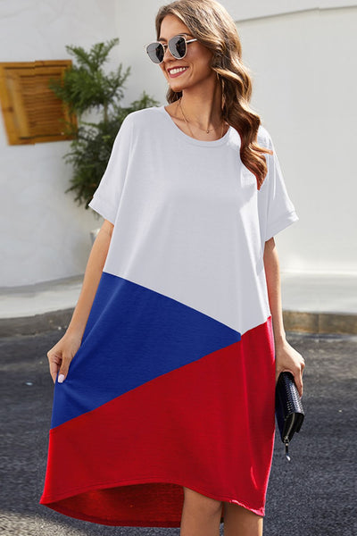Explore More Collection - Color Block Round Neck Short Sleeve Dress