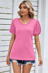 Explore More Collection - Heathered V-Neck Balloon Sleeve T-Shirt