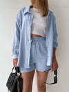 Explore More  Collection - Texture Button Up Shirt and Drawstring Shorts Set