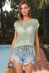 Explore More Collection - Openwork Cap Sleeve Knit Cover Up with Tassel