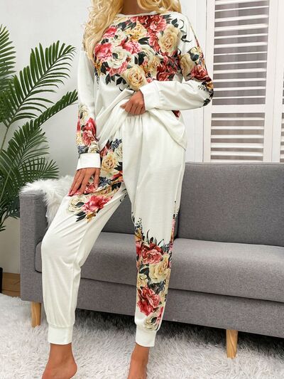 Explore More Collection - Printed Round Neck Top and Drawstring Pants Lounge Set