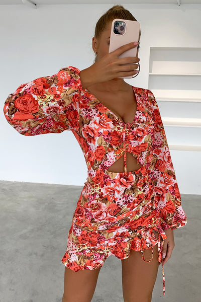 Explore More Collection - Floral Cutout Long Sleeve Mini Dress