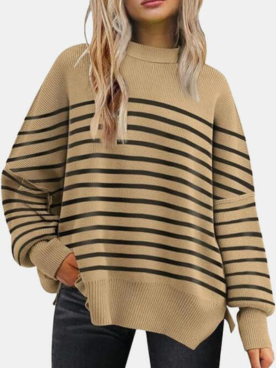 Explore More Collection - Round Neck Drop Shoulder Slit Sweater