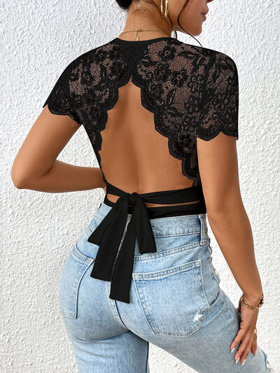 Explore More Collection - Lace Backless Round Neck Bodysuit