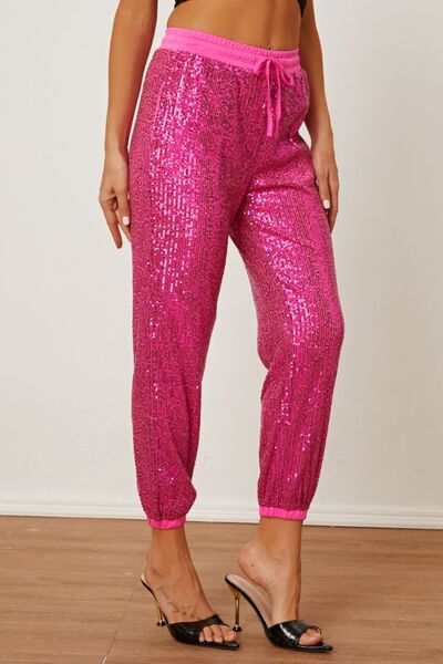 Explore More Collection - Sequin Drawstring Pants with Pockets