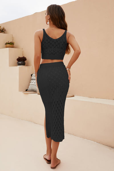 Explore More Collection - Openwork Cropped Tank and Split Skirt Set