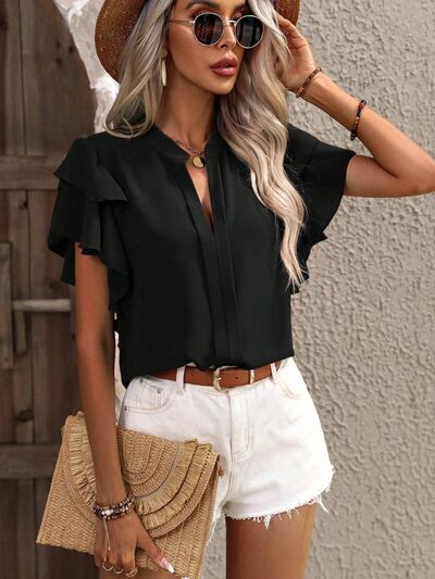 Explore More Collection - Ruffled Notched Short Sleeve Blouse