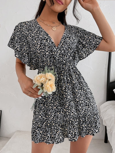 Explore More Collection - Cutout Ditsy Floral Surplice Flounce Sleeve Dress