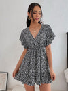 Explore More Collection - Cutout Ditsy Floral Surplice Flounce Sleeve Dress