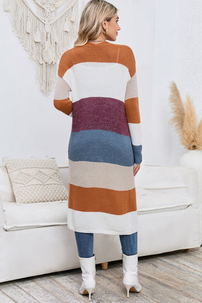 Explore More Collection - Long Color Block Open Front Pocketed Cardigan