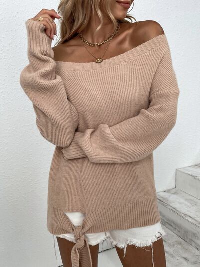 Explore More Collection - Ribbed Tied Off-Shoulder Sweater