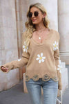 Explore More Collection - Flower Distressed Ribbed Trim Sweater