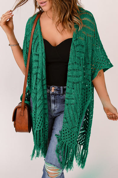 Explore More Collection - Openwork Open Front Cardigan with Fringes