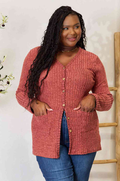 Explore More Collection - Double Take Ribbed Button-Up Cardigan with Pockets