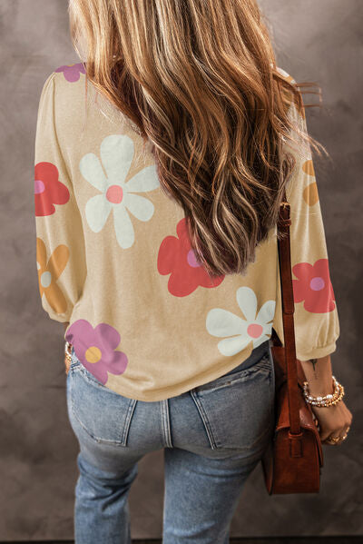 Explore More Collection - Flower Round Neck Long Sleeve Blouse