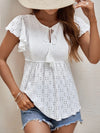 Explore More Collection - Eyelet Tie Neck Cap Sleeve Blouse